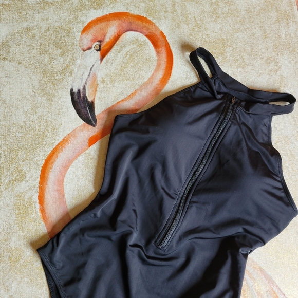 3/$25 NWOT Shein One Piece Swimwear Zip Up Front Black Scuba 0XL - Picture 12 of 12